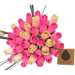 3 Dozen It's A Girl Light Pink and White The Original Wooden Rose Flower Bouquet